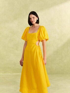 NWOT Farm Rio Linen Beads Puff-Sleeve Cutout Midi Dress Yellow Size XL